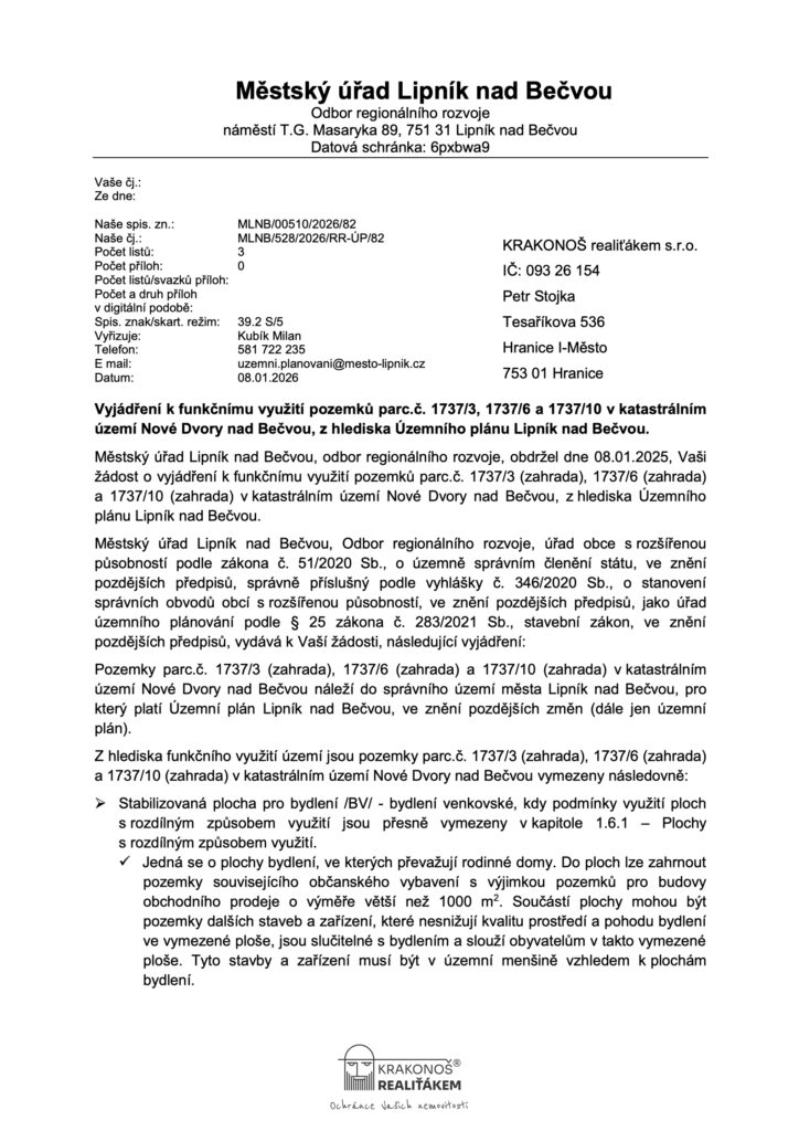 stavební pozemek 1531 m² NOvé Dvory